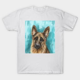 Painting of a German Shepherd on Bright Blue Background T-Shirt